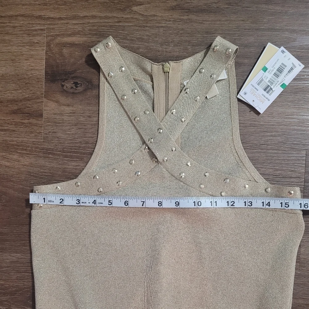 NWT Michael Kors Gold Studded Criss Cross Halter Midi Dress L